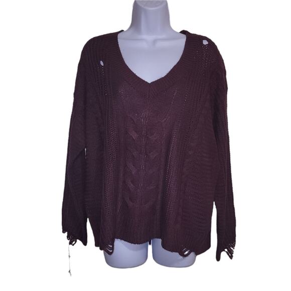 Moral Fiber Sweater Wine Red Distressed Knit Long Sleeves V Neck Size 1X - Picture 1 of 6